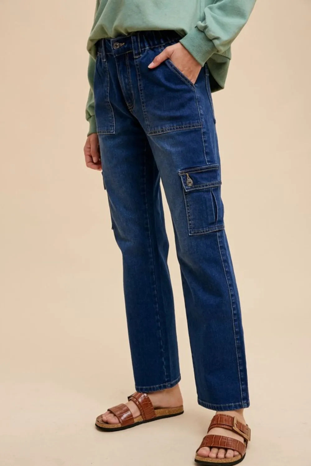Annie Wear Straight Leg Jeans with Cargo Pockets Dark - Fashorio