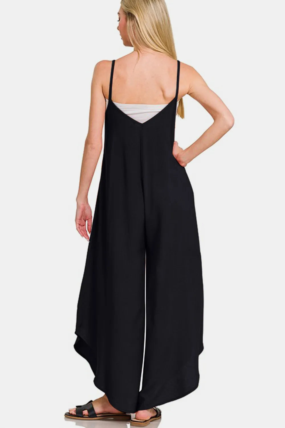 Spaghetti Strap Wide Leg Overalls with Pockets back view