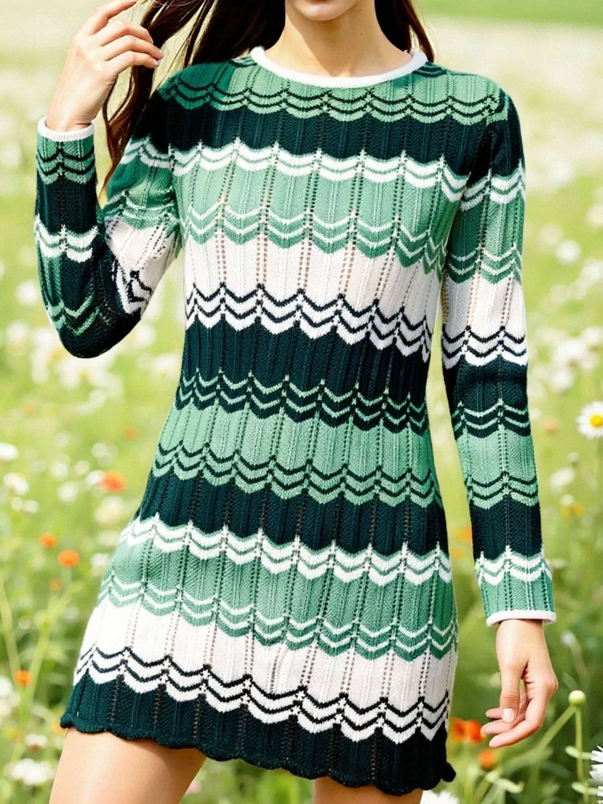 openwork wave pattern knit sweater dress styled on model