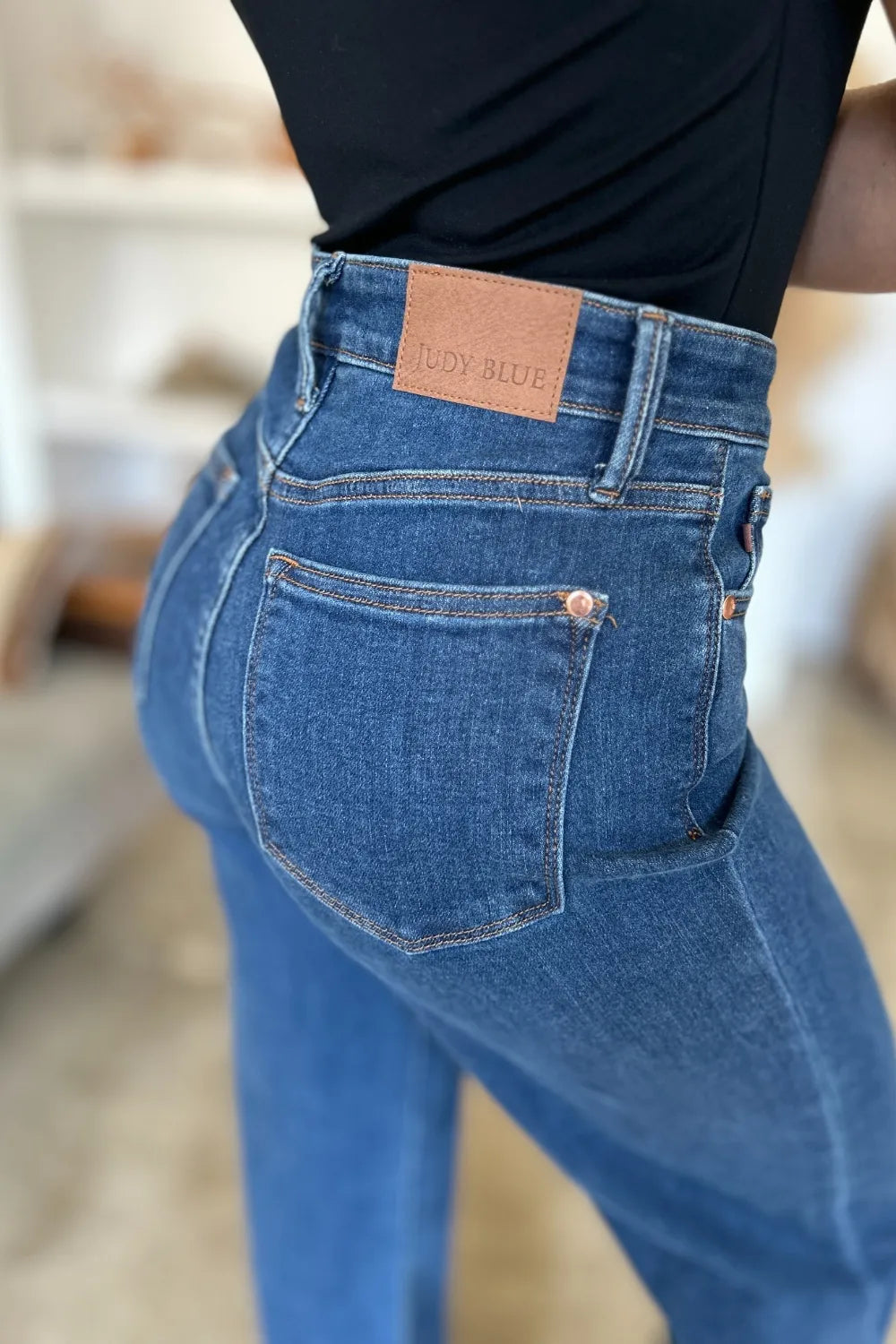 Full length view of the straight leg denim