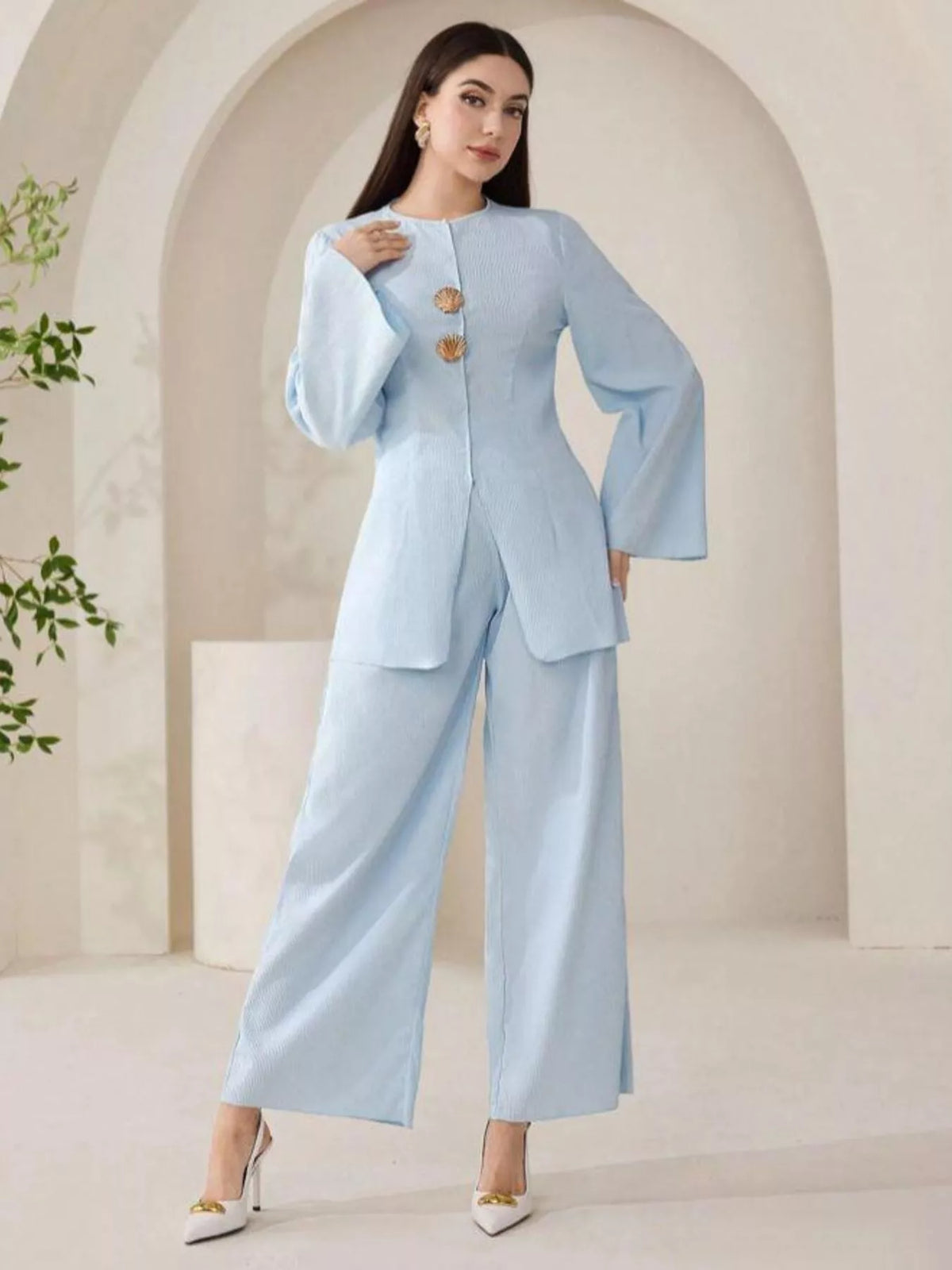 Blue coordinating pants side view
