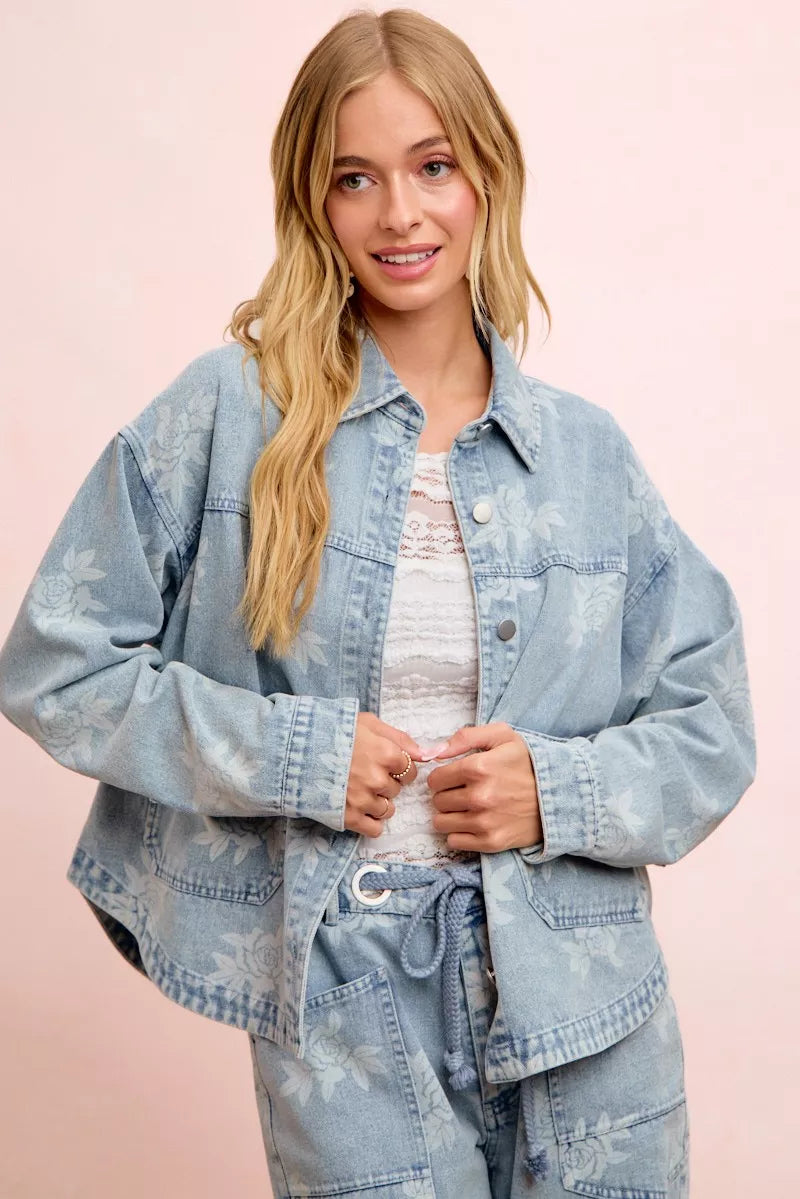 Floral print washed denim jacket front view