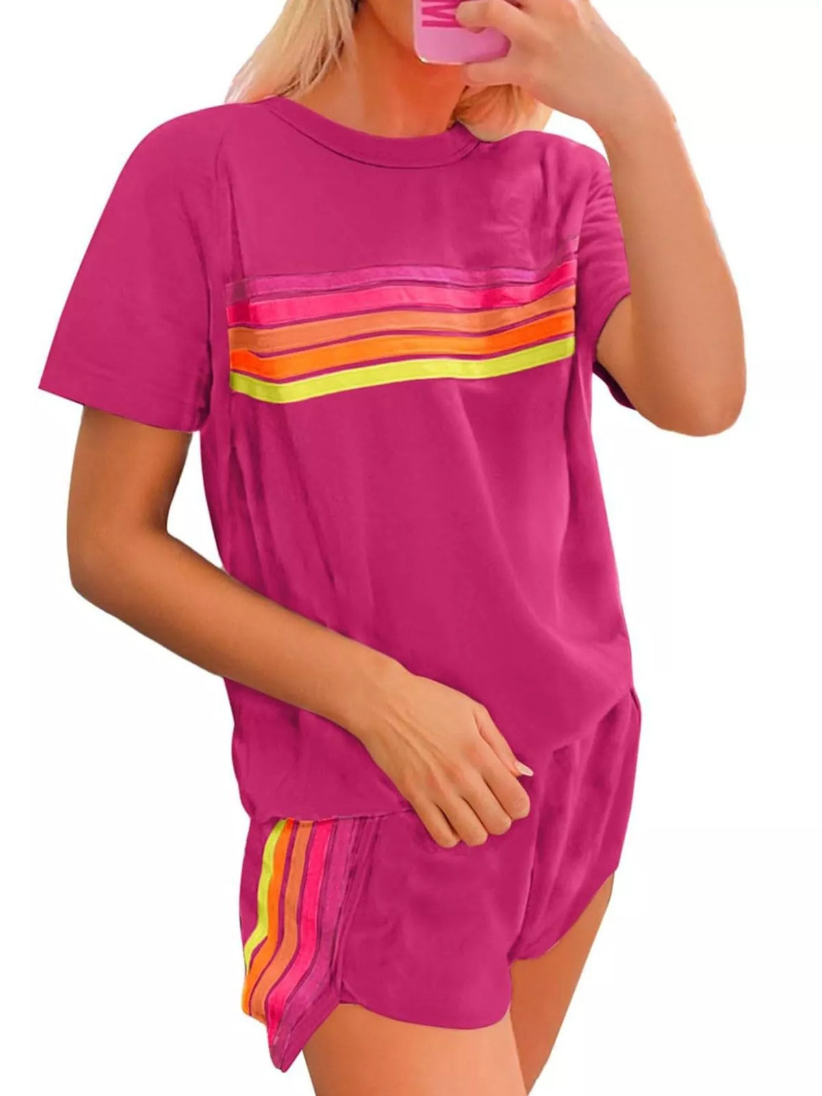 Rainbow Striped Round Neck Top and Shorts Set, view 11