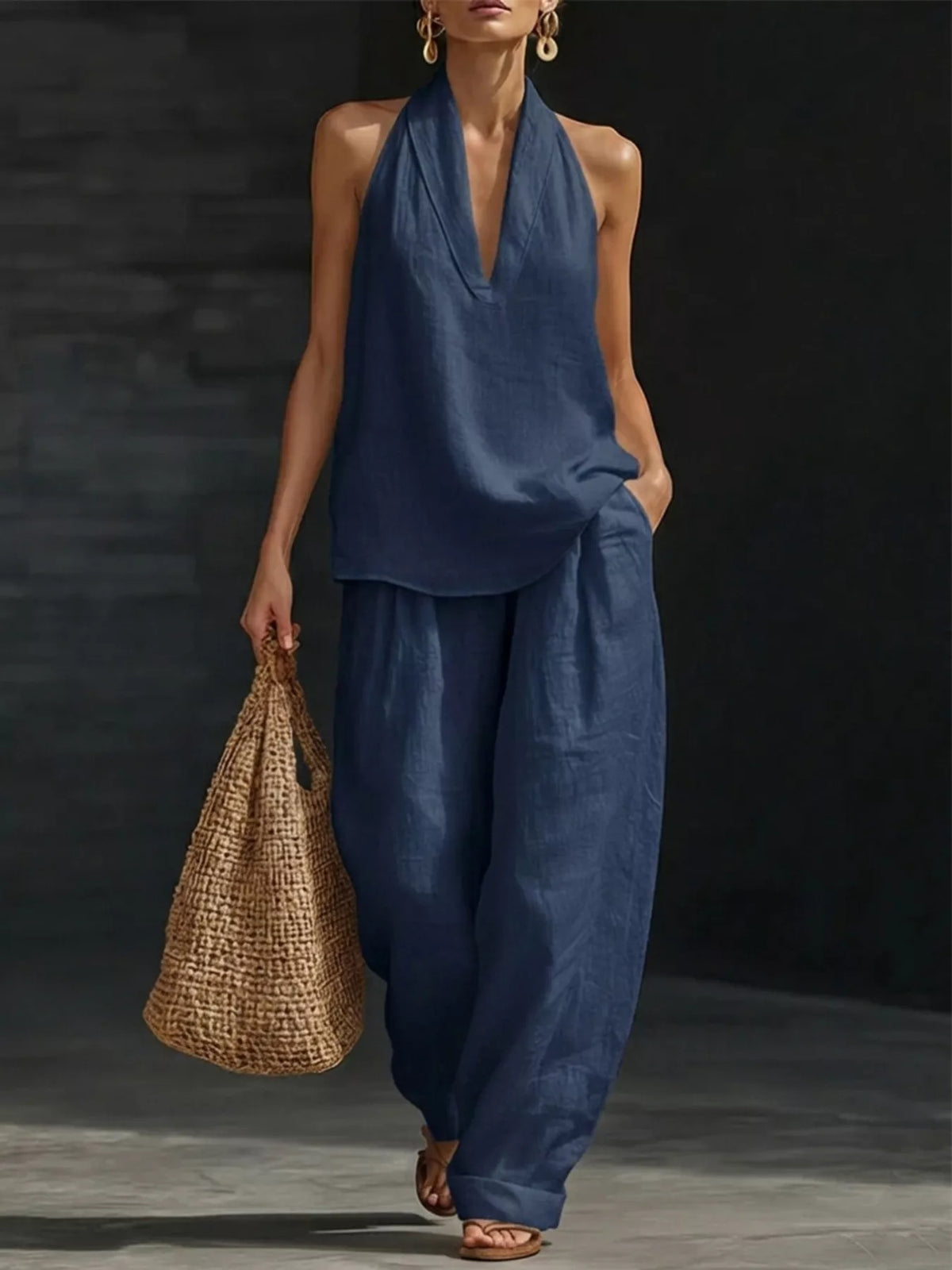 Halter Neck Top and Wide Leg Pants Set Plus Size, view 10