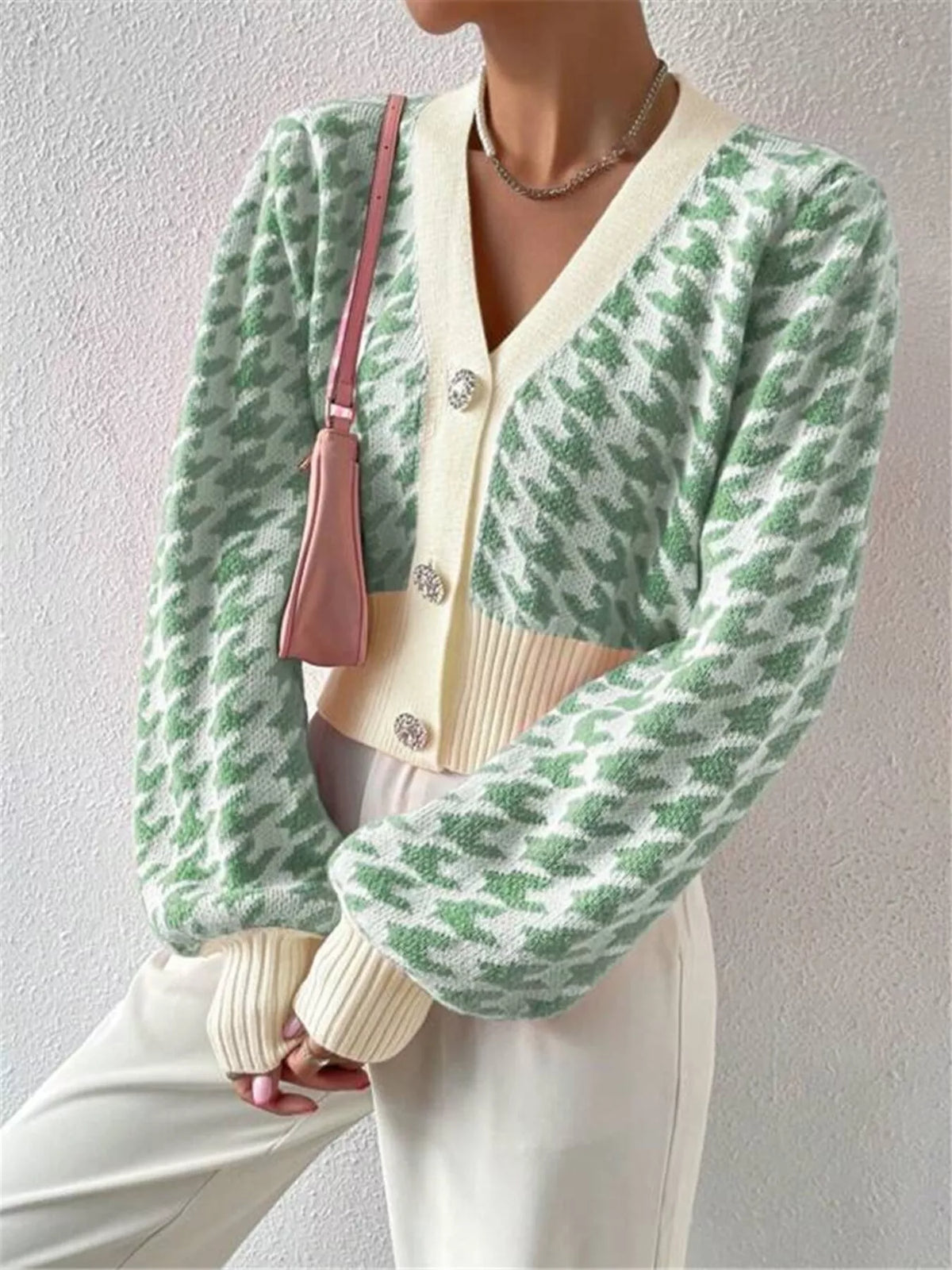 houndstooth v neck button up cardigan sleeve detail