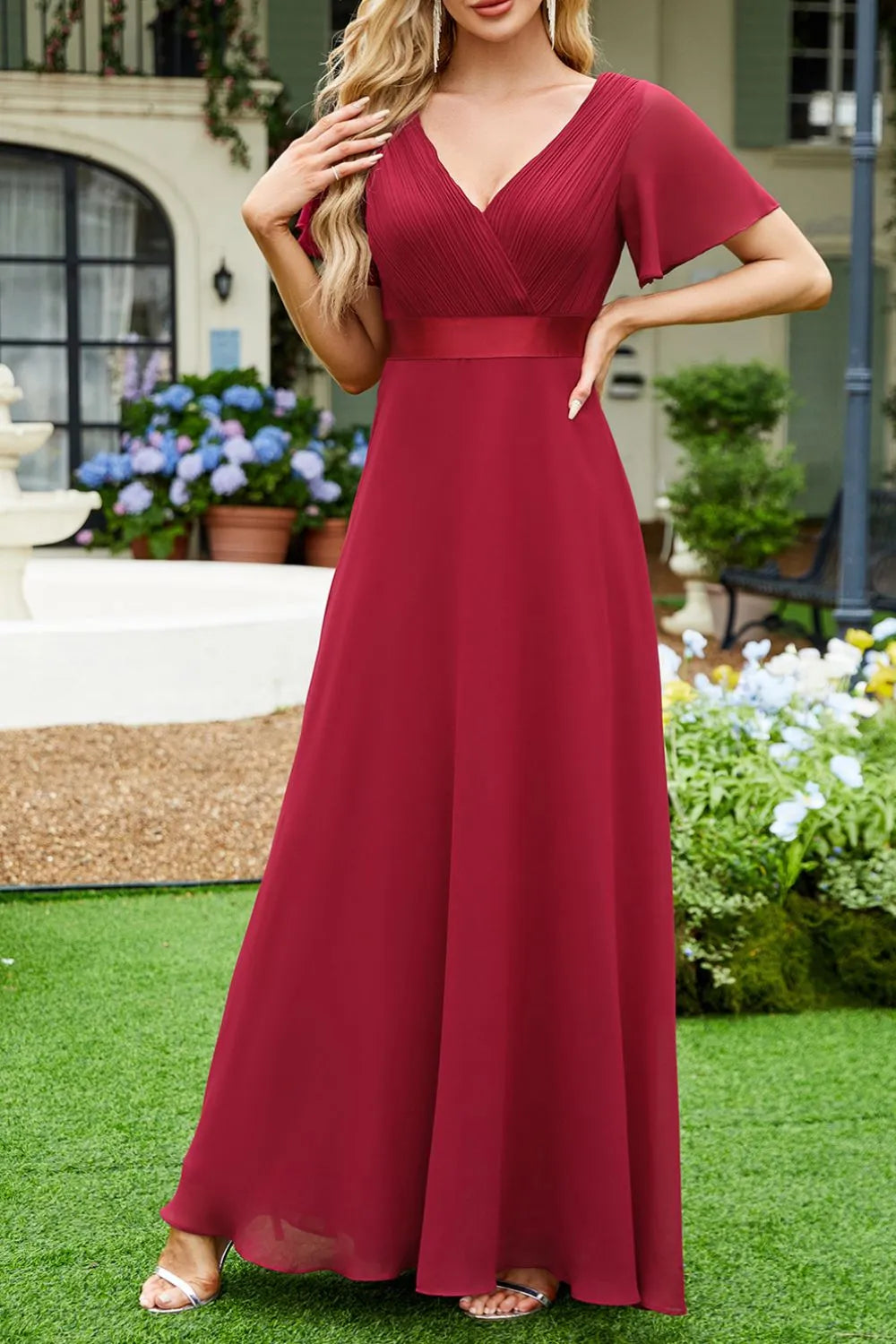surplice flutter sleeve maxi dress full length view