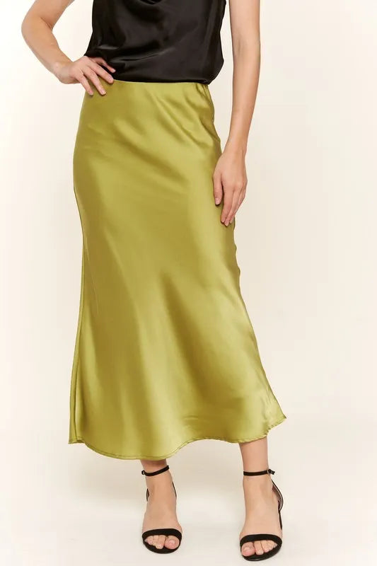 And The Why Satin Midi Skirt GREENISH - Fashorio