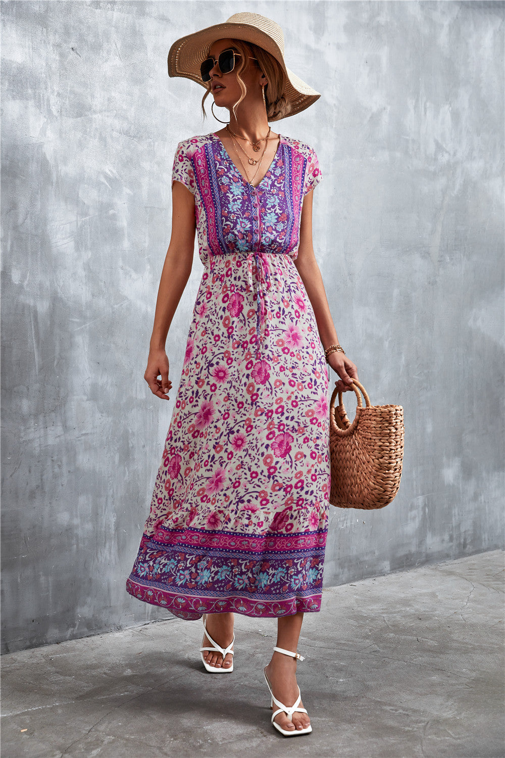 V-Neck Short Sleeve Printed Maxi Dress Purple - Fashorio