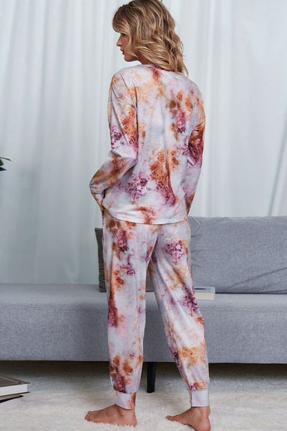 Shiny Tie-Dye Crewneck Top and Drawstring Waist Joggers Lounge Set - Fashorio