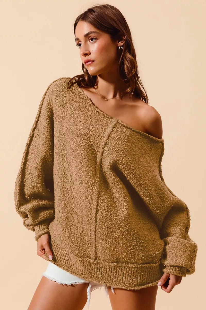 Slouchy Boucle Exposed Seam Sweater in Taupe view 7