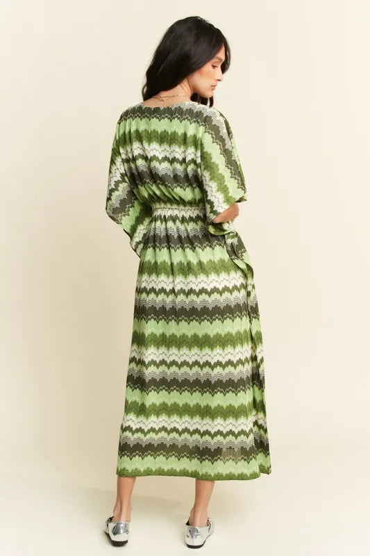 Wavy Print Tie Waist Flowy Dress in Sage back view
