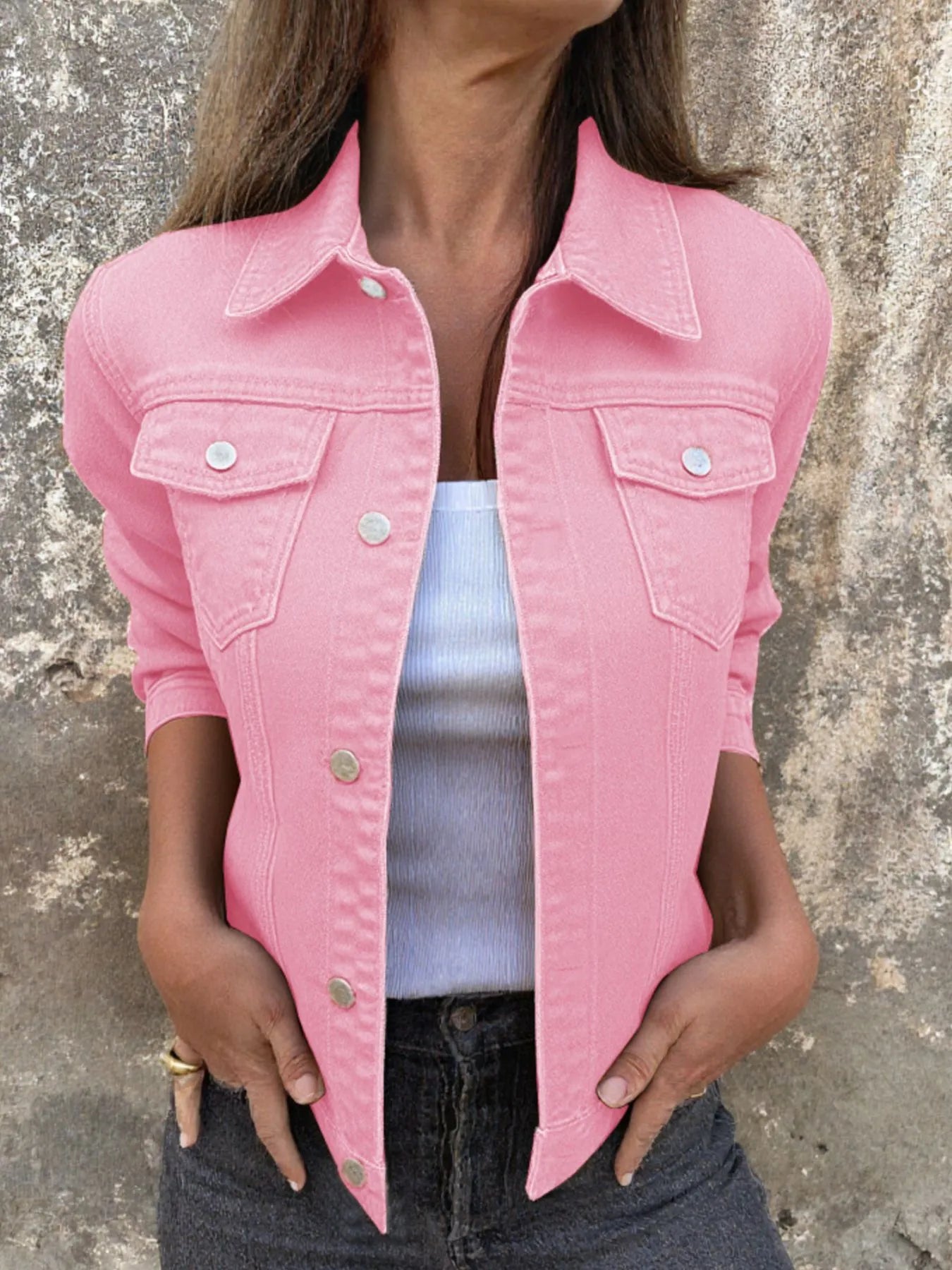 Button Front Closure Denim Jacket Pink - Fashorio