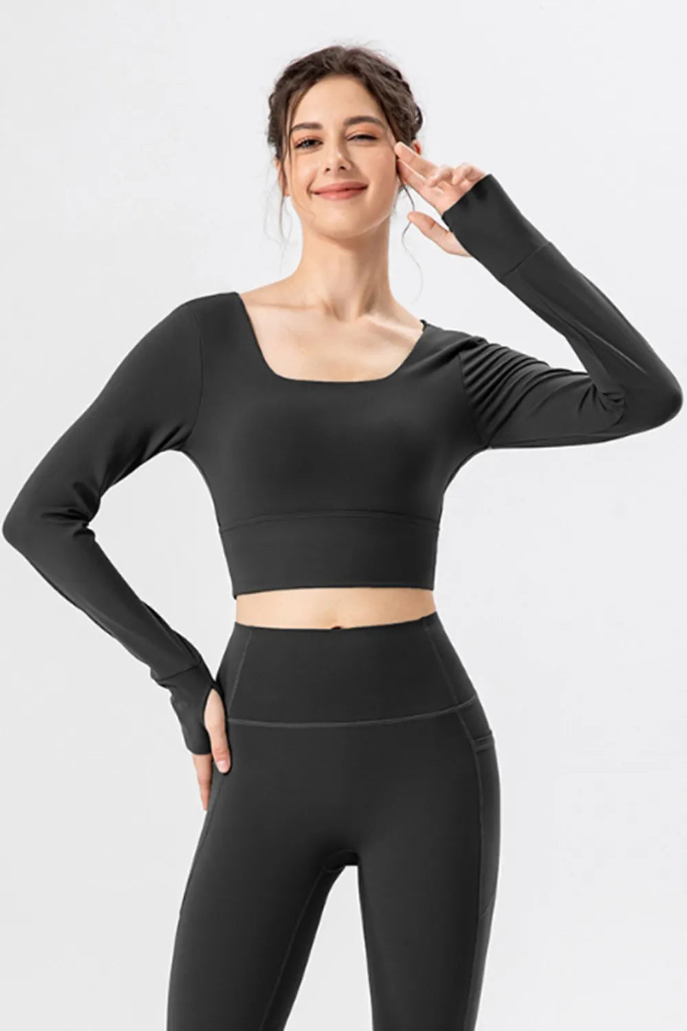 Square neck crisscross active t-shirt angled view