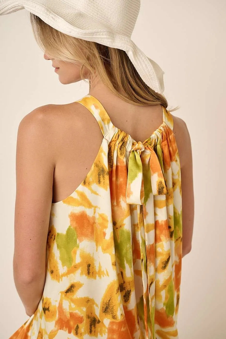 Watercolor halter satin maxi dress back view
