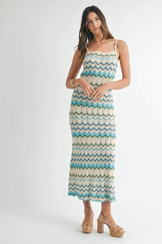 MABLE Lightweight Pointelle Chevron Knit Maxi Dress - Fashorio