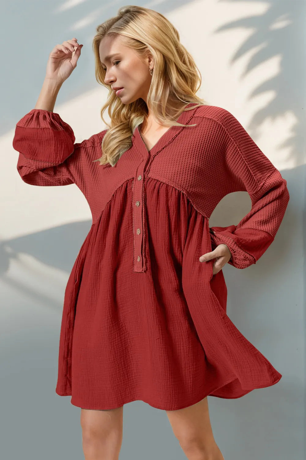 Red waffle knit V-neck long sleeve mini dress front view