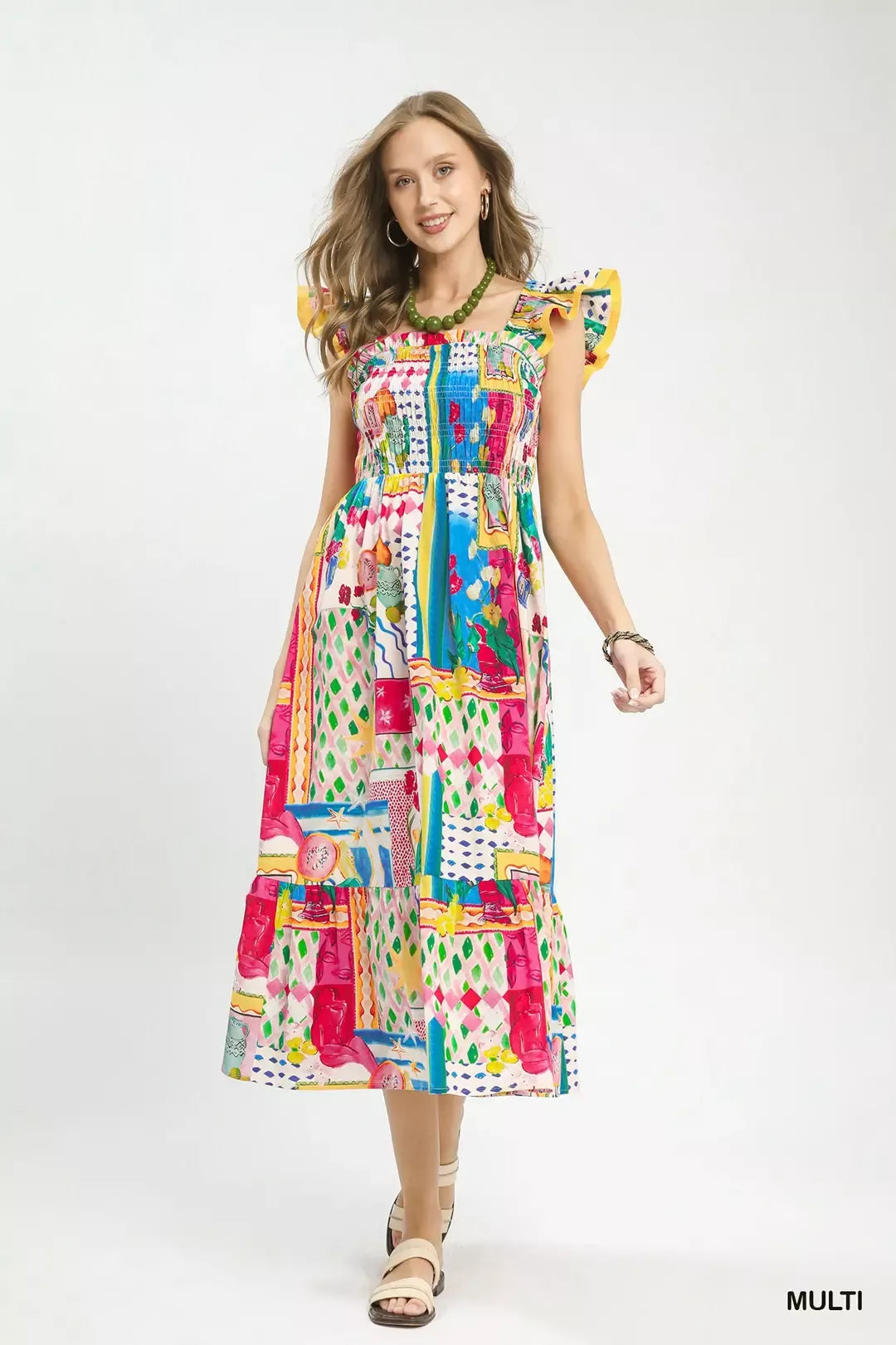 Abstract Print Smocked Ruffle Sleeve Tiered Midi Dress back view