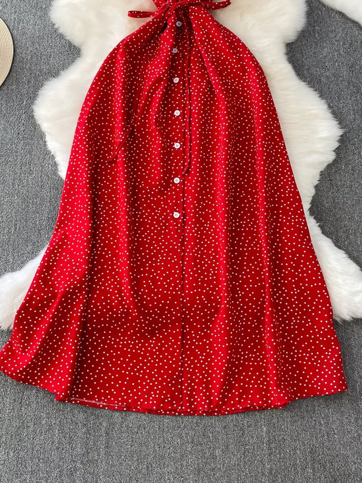 Red polka dot button up maxi dress side view
