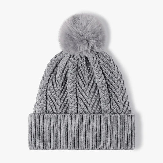 Cable Knit Solid Color Hat with Pompom Gray One Size - Fashorio