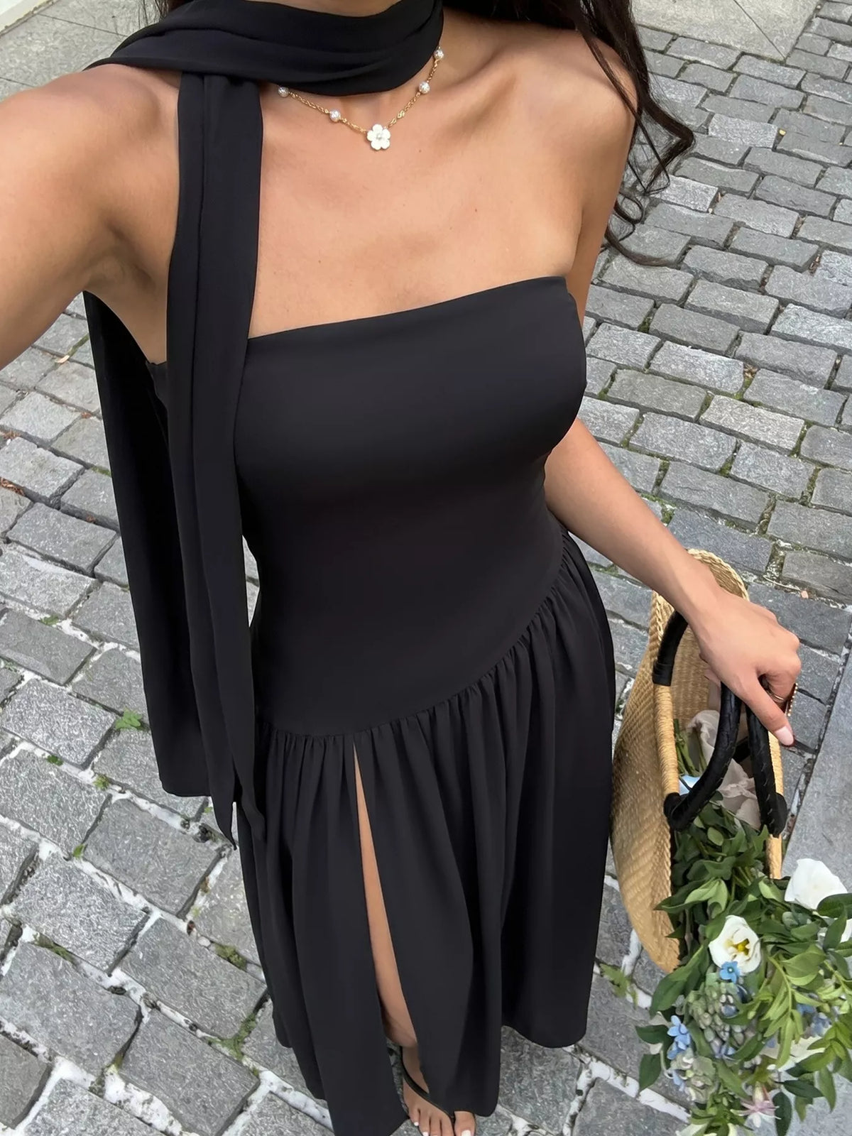 High slit detail on black tube maxi dress