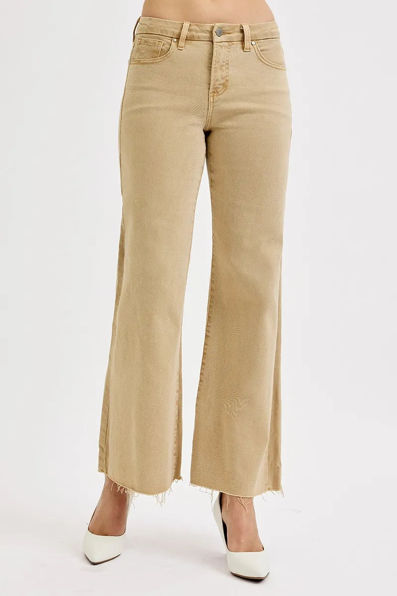 RISEN tan wide leg jeans front view with raw hem