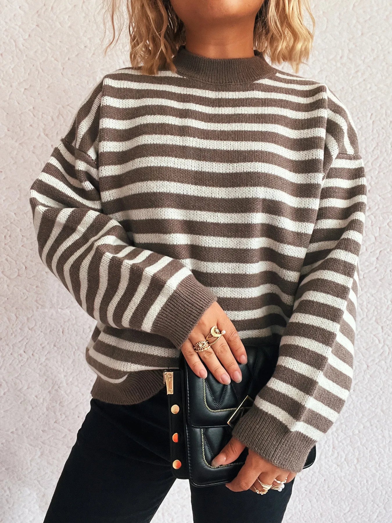Striped Mock Neck Long Sleeve Sweater - Fashorio