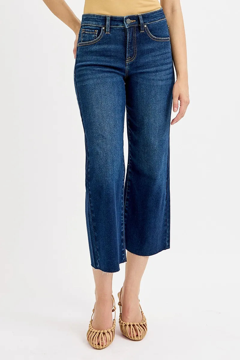 RISEN high rise cropped wide leg jeans front view in blue
