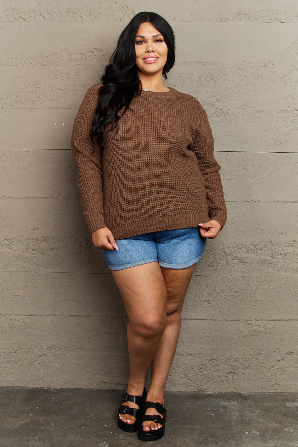 High Low Waffle Knit Sweater Plus Size in Brown detail