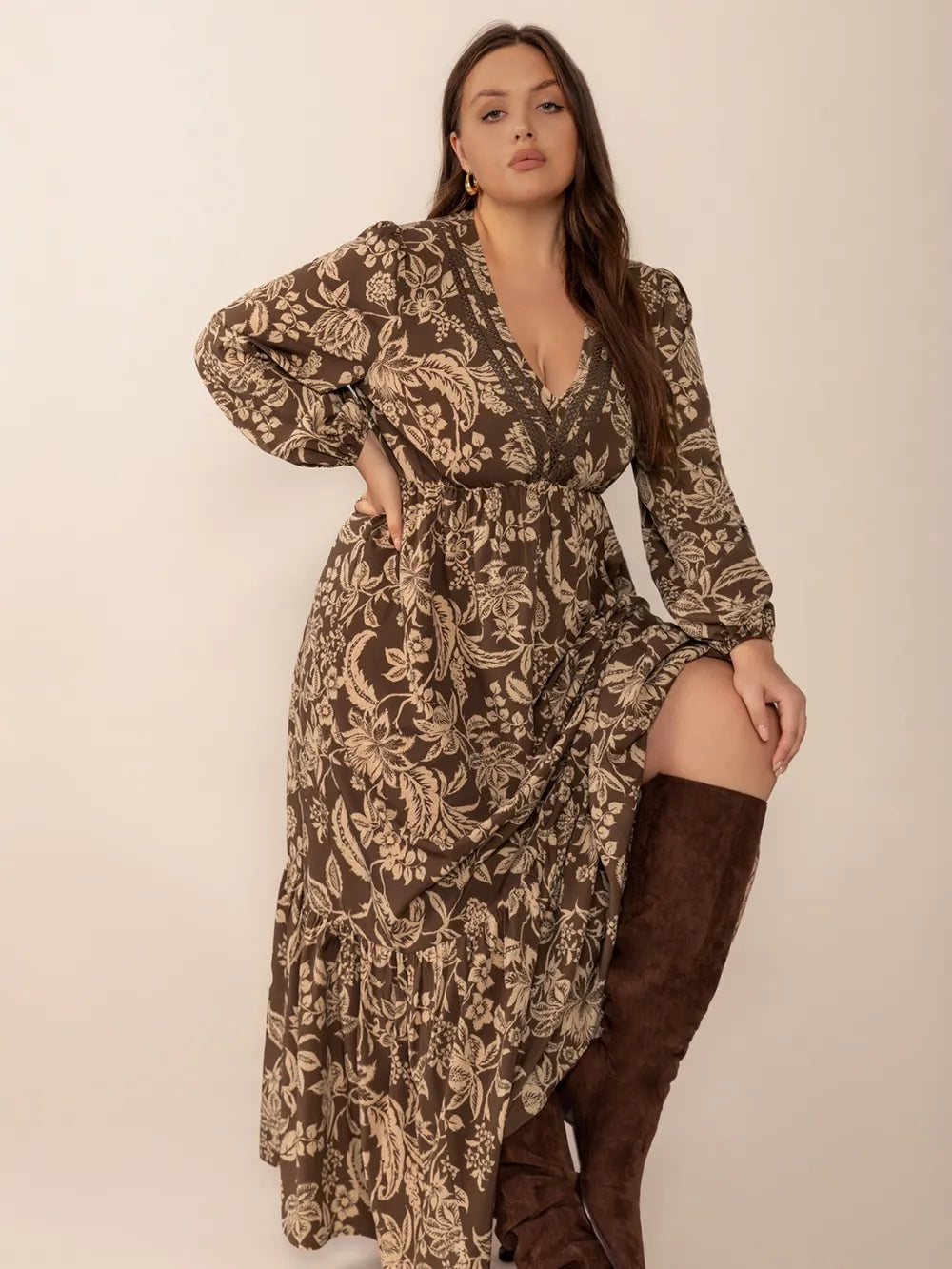 camel plus size printed v neck balloon sleeve maxi dress fabric texture