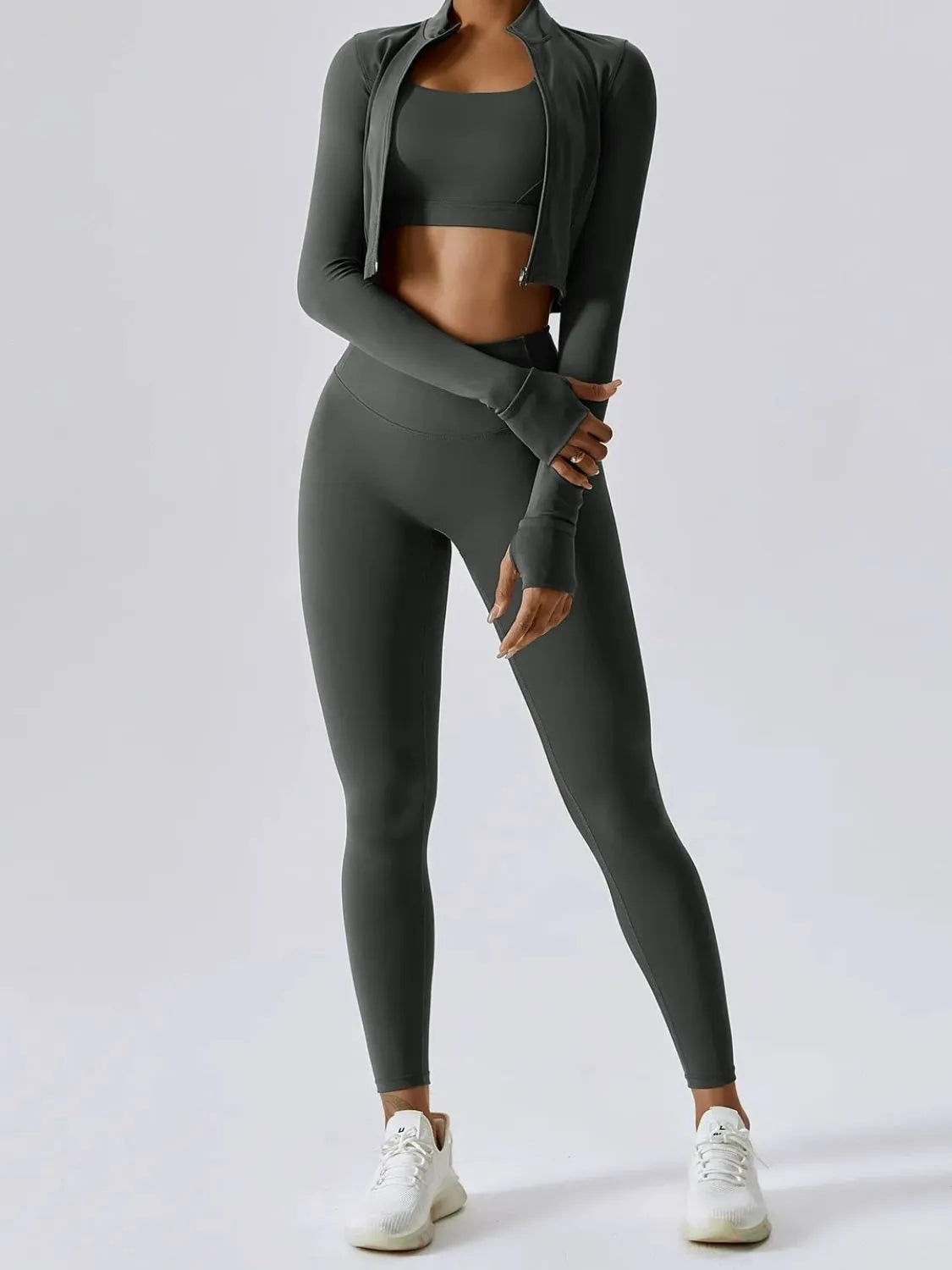Bra Outerwear and Leggings 3-Piece Active Set Dark Gray - Fashorio