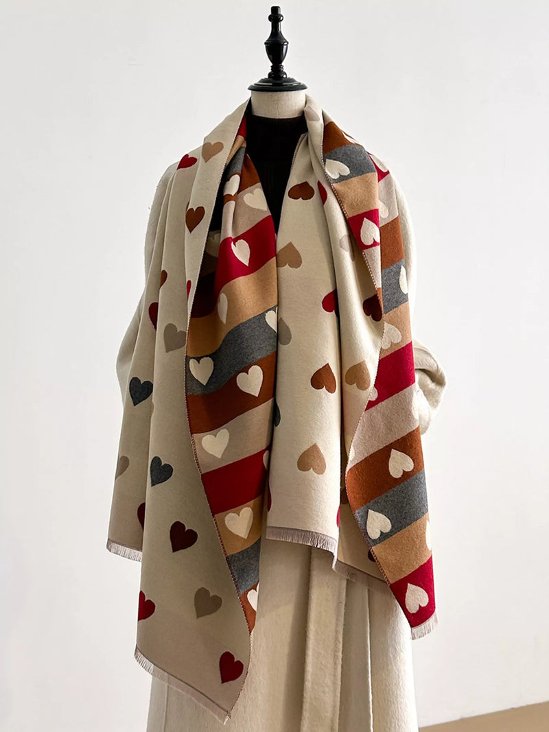 Heart pattern warm scarf draped around the neck