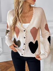 Heart Pattern Button-Up Cardigan Apricot - Fashorio