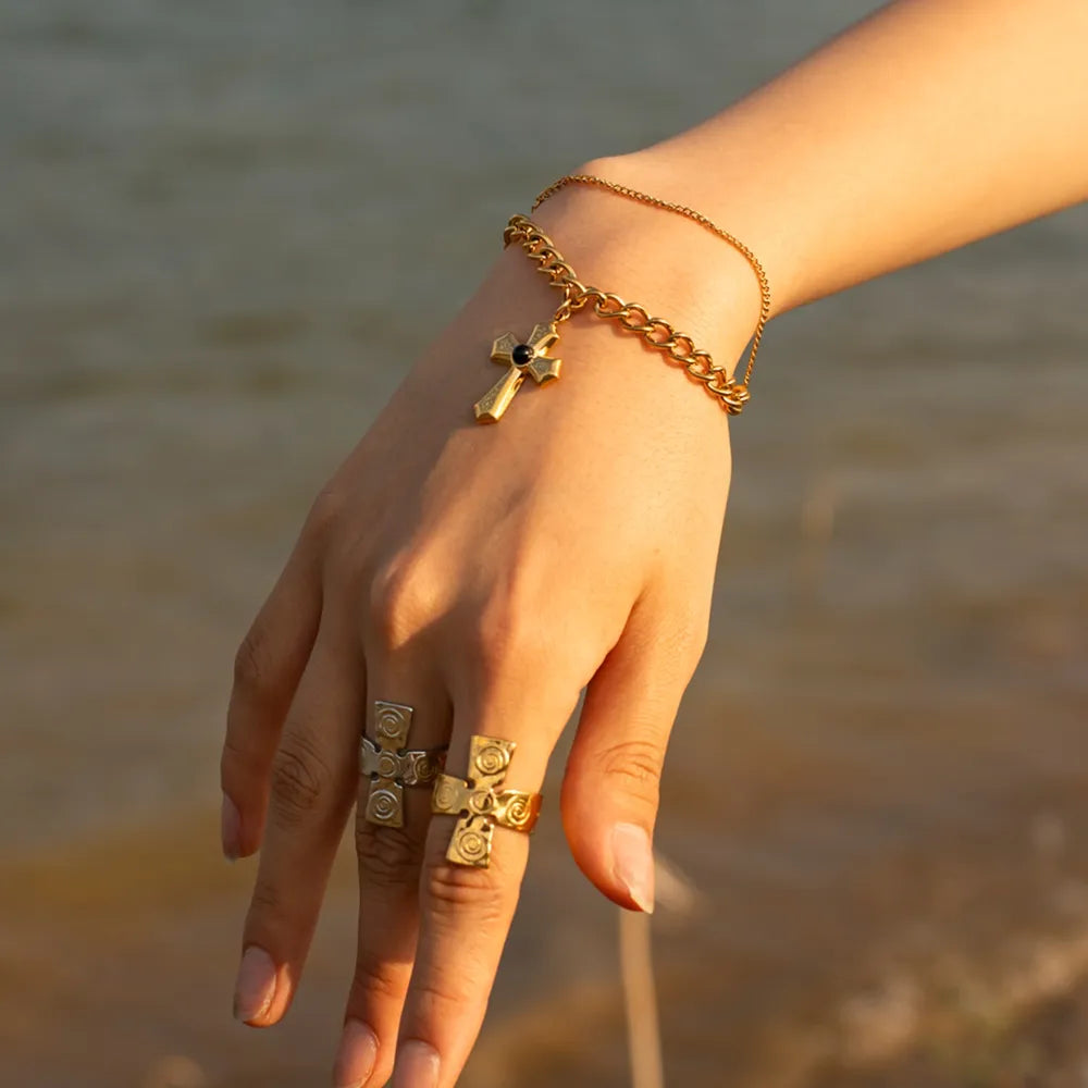 Stainless Steel Imitation Gemstone Cross Shape Pendant Bracelet - Fashorio