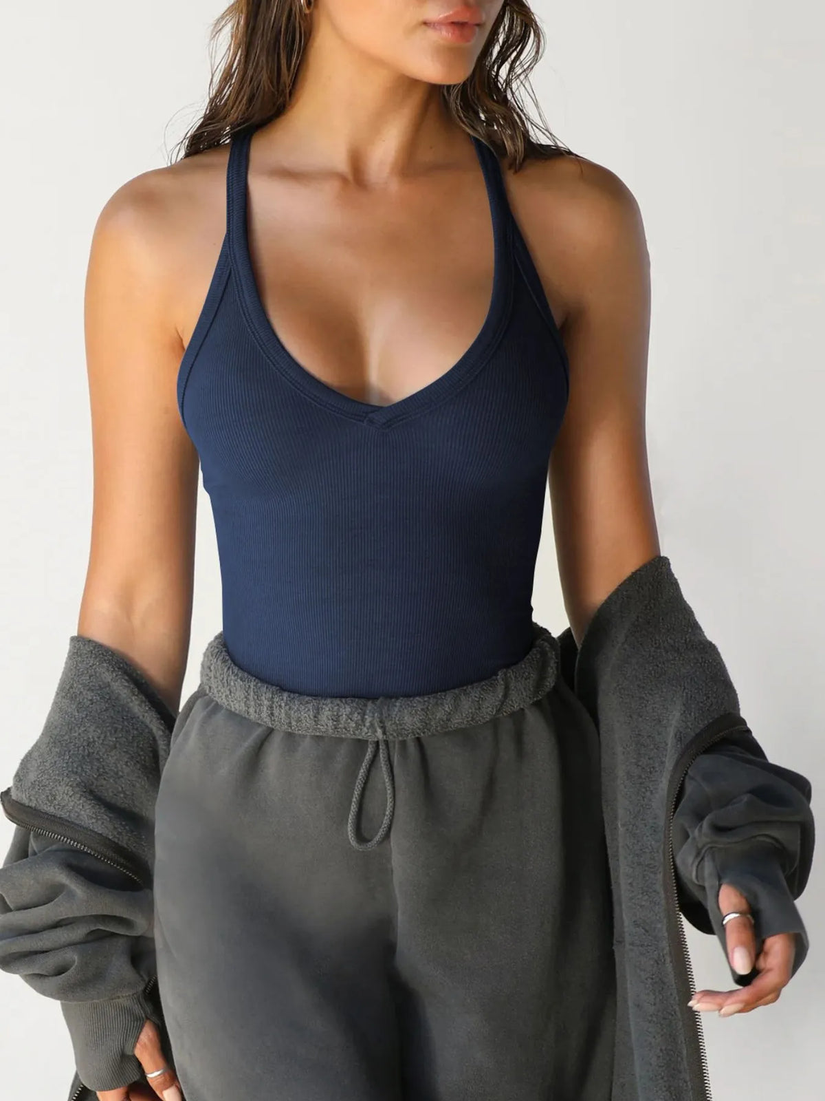 Ribbed V Neck Halter Tank Top, view 33