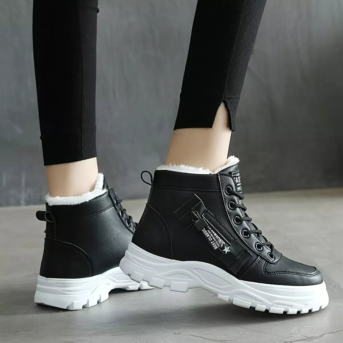 lace up warm ankle boots styled on model
