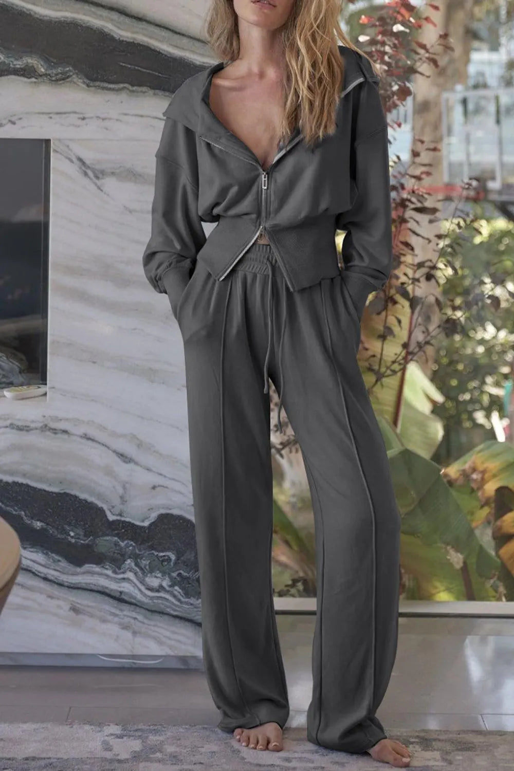 Zip-Up Hoodie and Pants Active Set Dark Gray - Fashorio