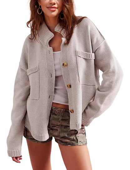 Ribbed Hem Button Up Cardigan Gray - Fashorio