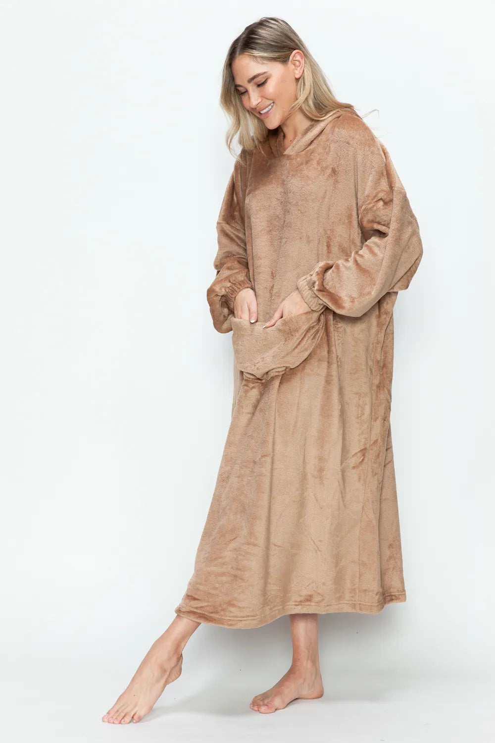 Mocha hooded midi dress angled view