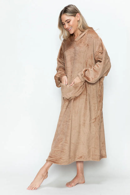 Double Take Full Size Pocketed Hooded Midi Lounge Dress - Fashorio