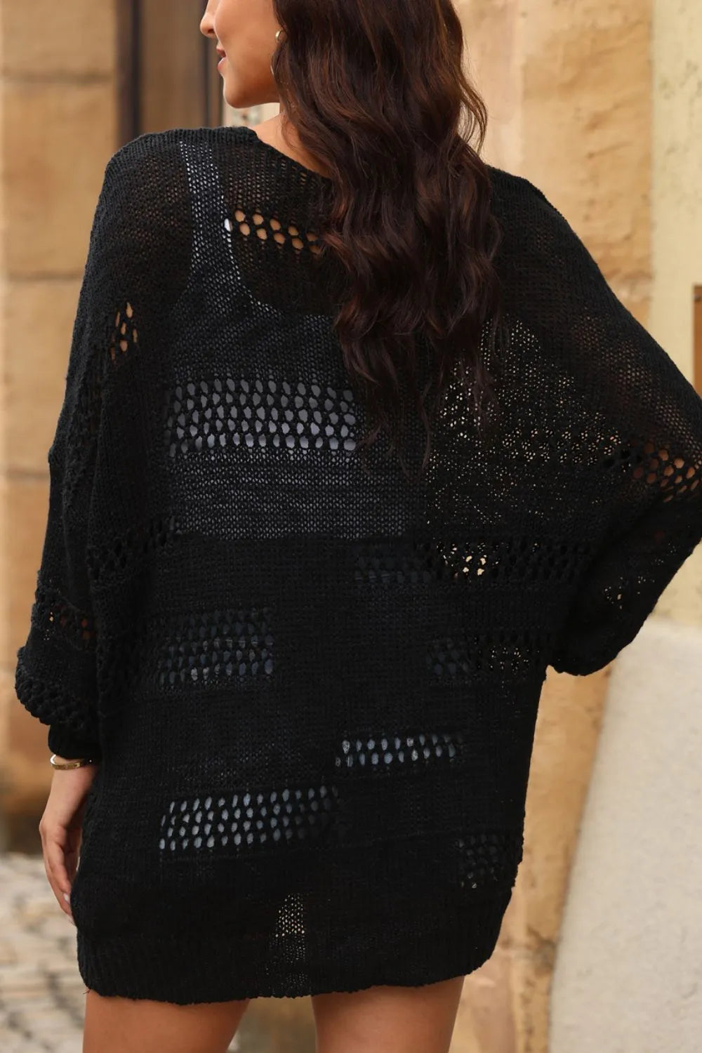 Openwork Open Front Long Sleeve Cardigan - Fashorio