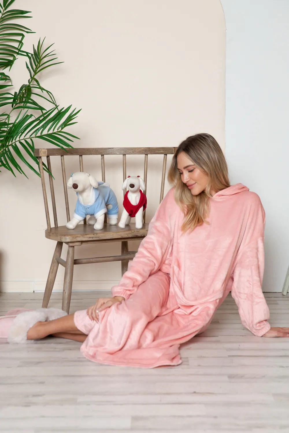 Hooded lounge dress styled with sneakers