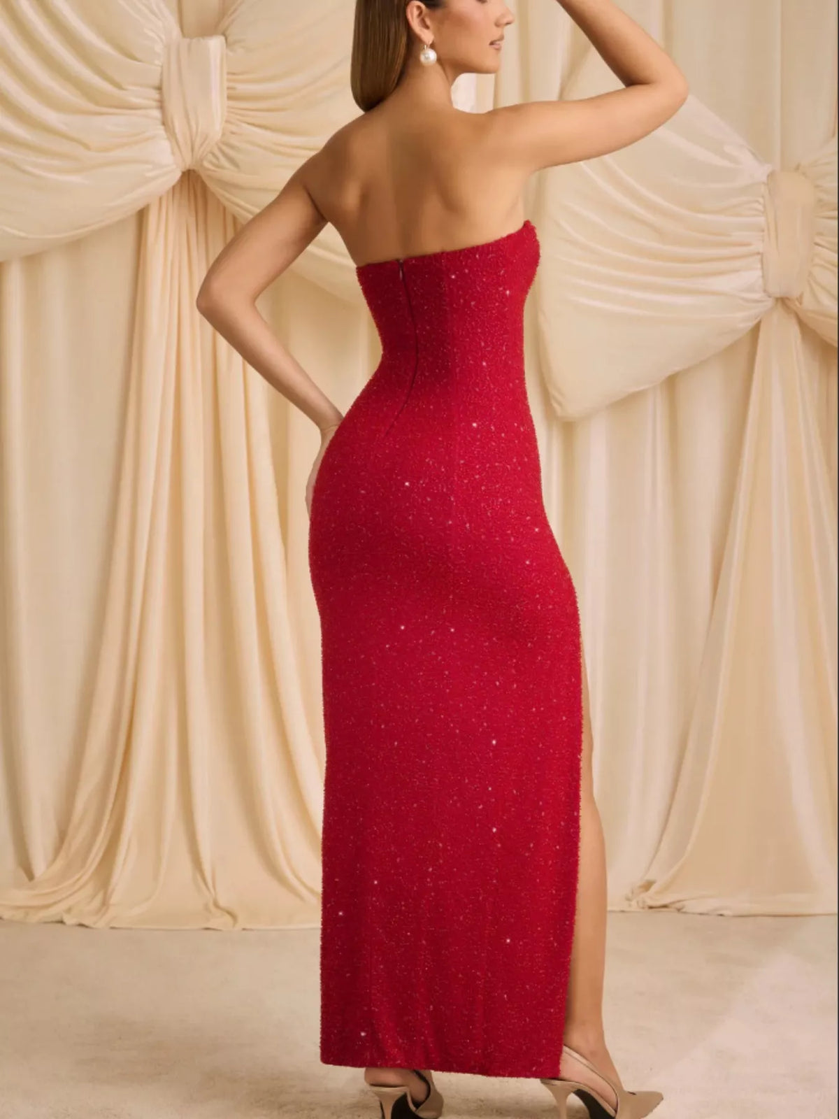strapless split tube maxi dress side view