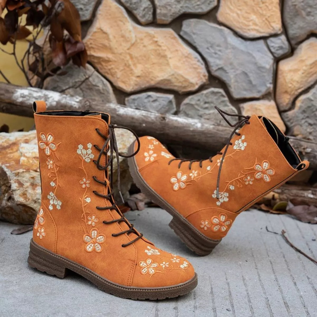 Round toe block heel ankle boots styled on model