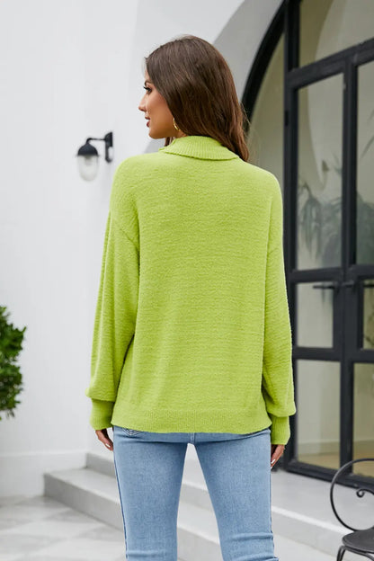 Mock Neck Dropped Shoulder Long Sleeve Sweater - Fashorio