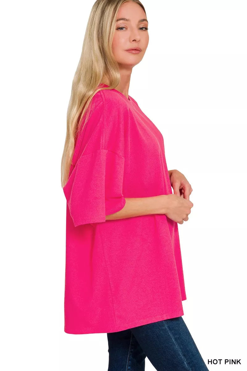 Hot pink oversized tunic tee side view