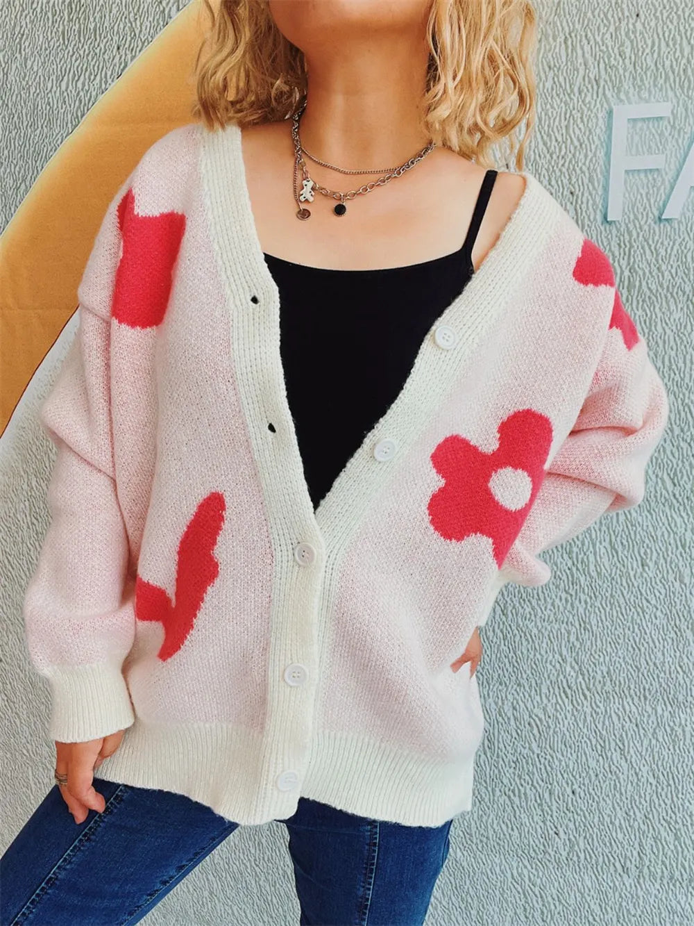 Flower Button Down V-Neck Long Sleeve Cardigan - Fashorio