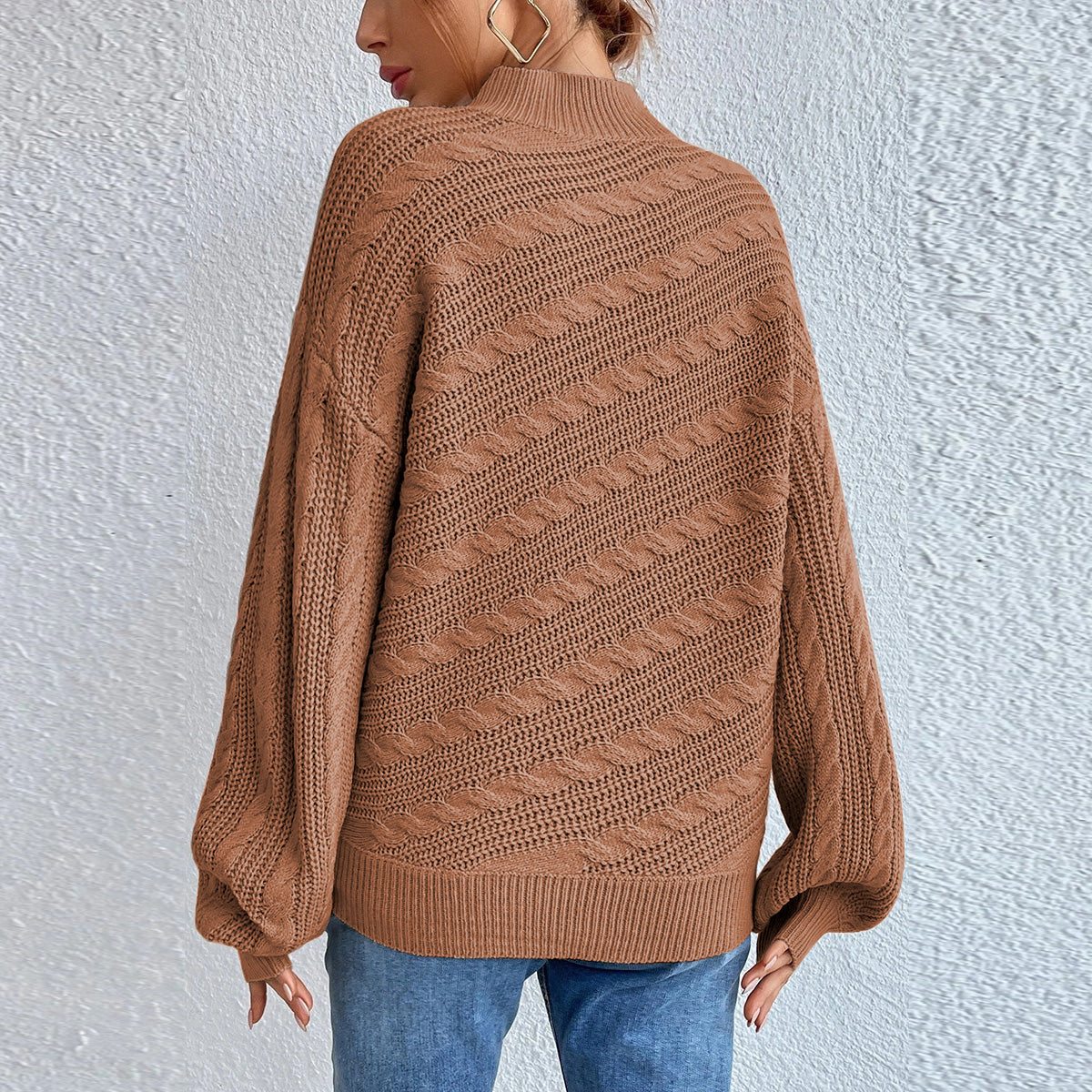 Cable-Knit Mock Neck Long Sleeve Sweater - Fashorio