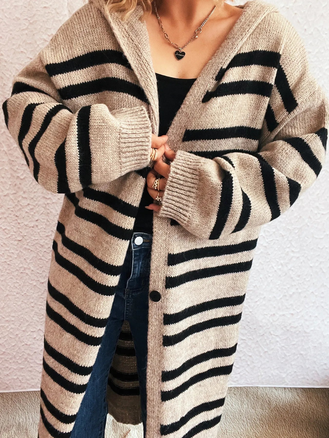 Striped Open Front Hooded Cardigan - Fashorio