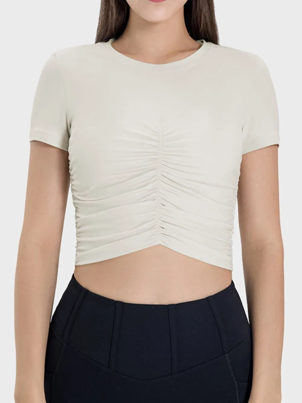 Millennia Ruched Round Neck Short Sleeve Active T-Shirt - Fashorio