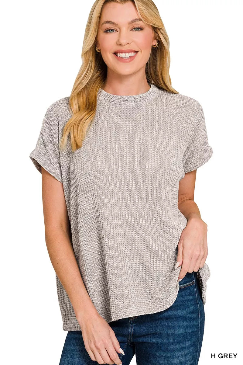 Chenille Waffle Cap Sleeve Sweater in Gray